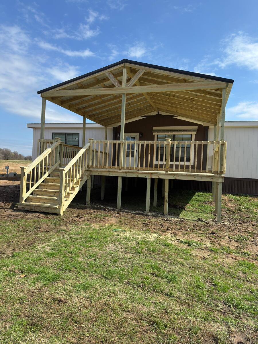 Gable-roof covered backyard deck